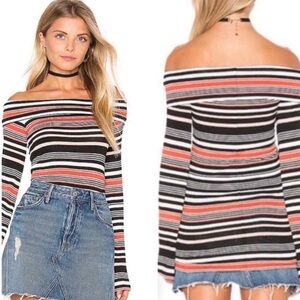 Free People Portland Off Shoulder Bell Long Sleeve Top Orange Stripe Medium